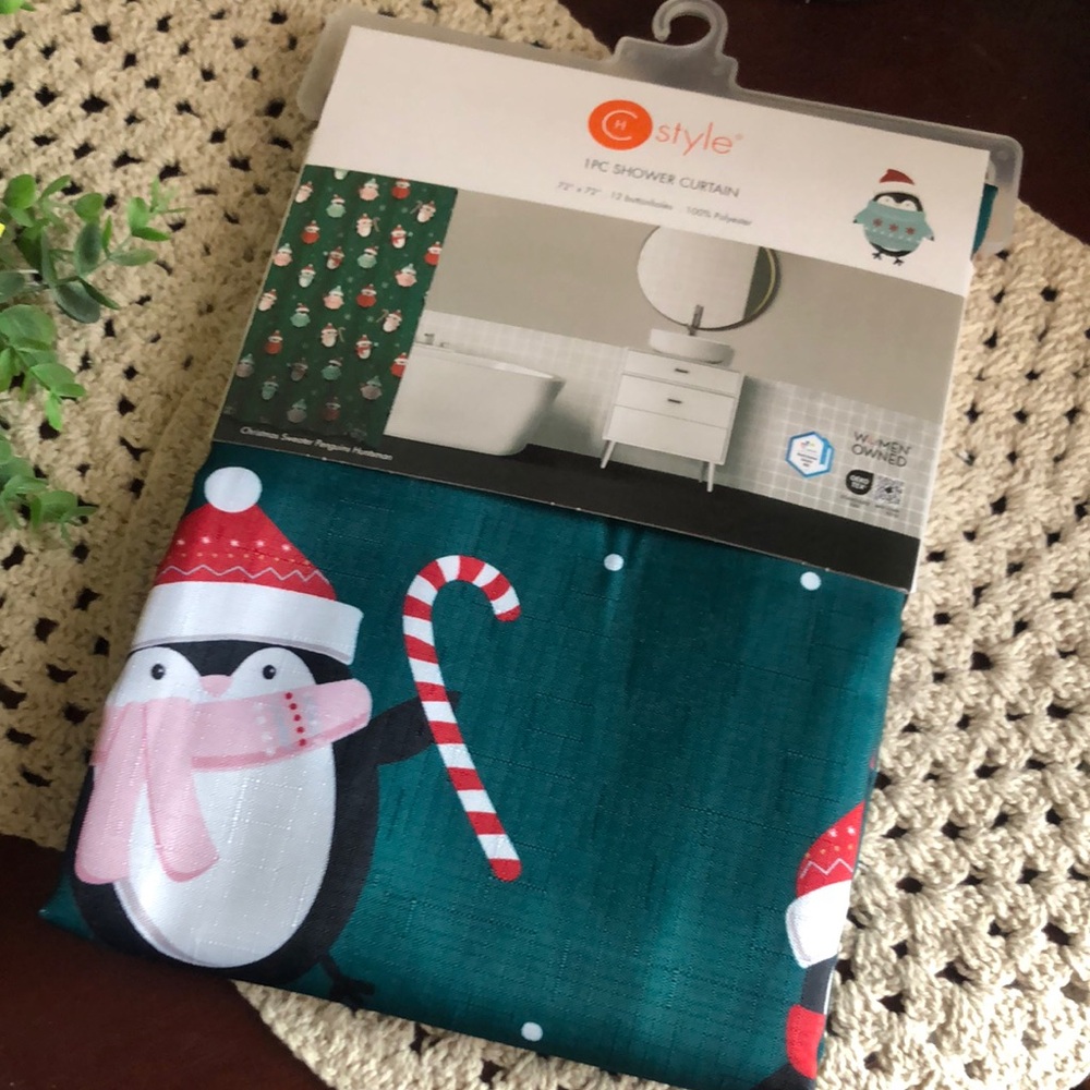 Holiday Penguin Shower Curtain with Santa Hats